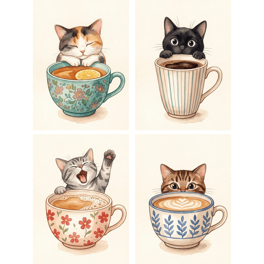 Coffret "Chats en Tasse" – 4 peintures par numéro