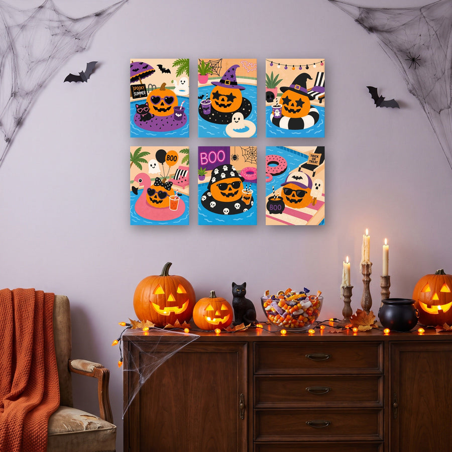 Coffret "Citrouilles à la Piscine" – 6 peintures par numéro