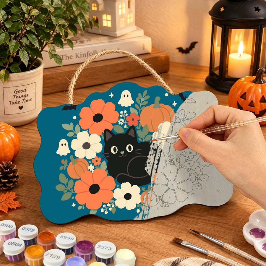 Chat Noir aux Anémones | Pancarte à peindre