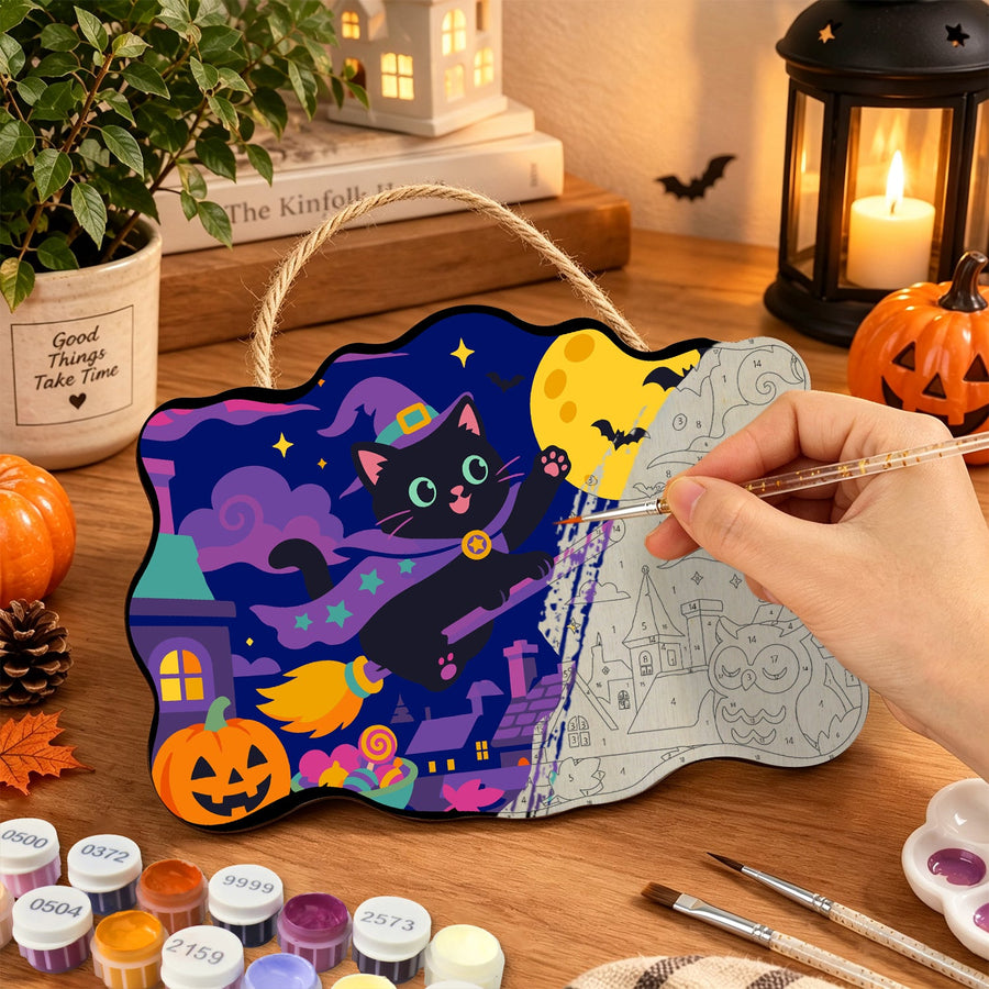 Chat Sorcier en Vol | Pancarte à peindre