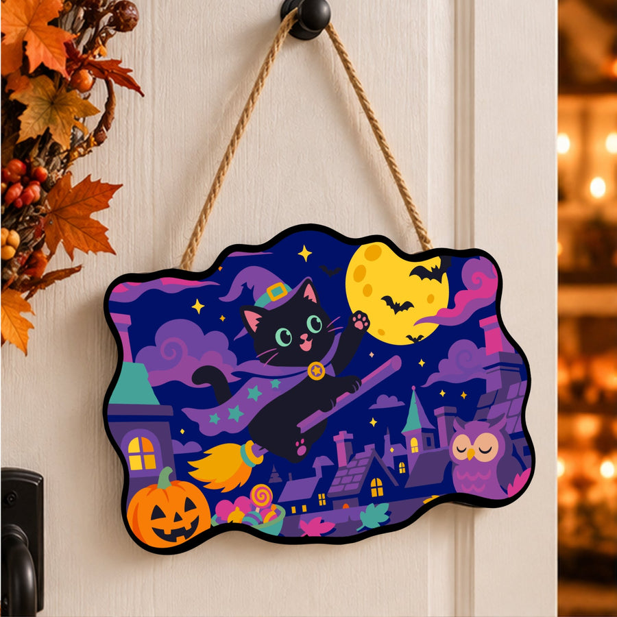 Chat Sorcier en Vol | Pancarte à peindre