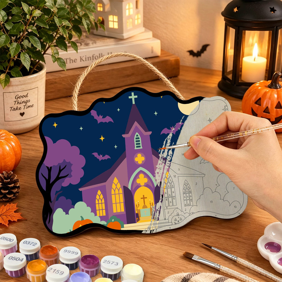 Église sous la Lune | Pancarte à peindre