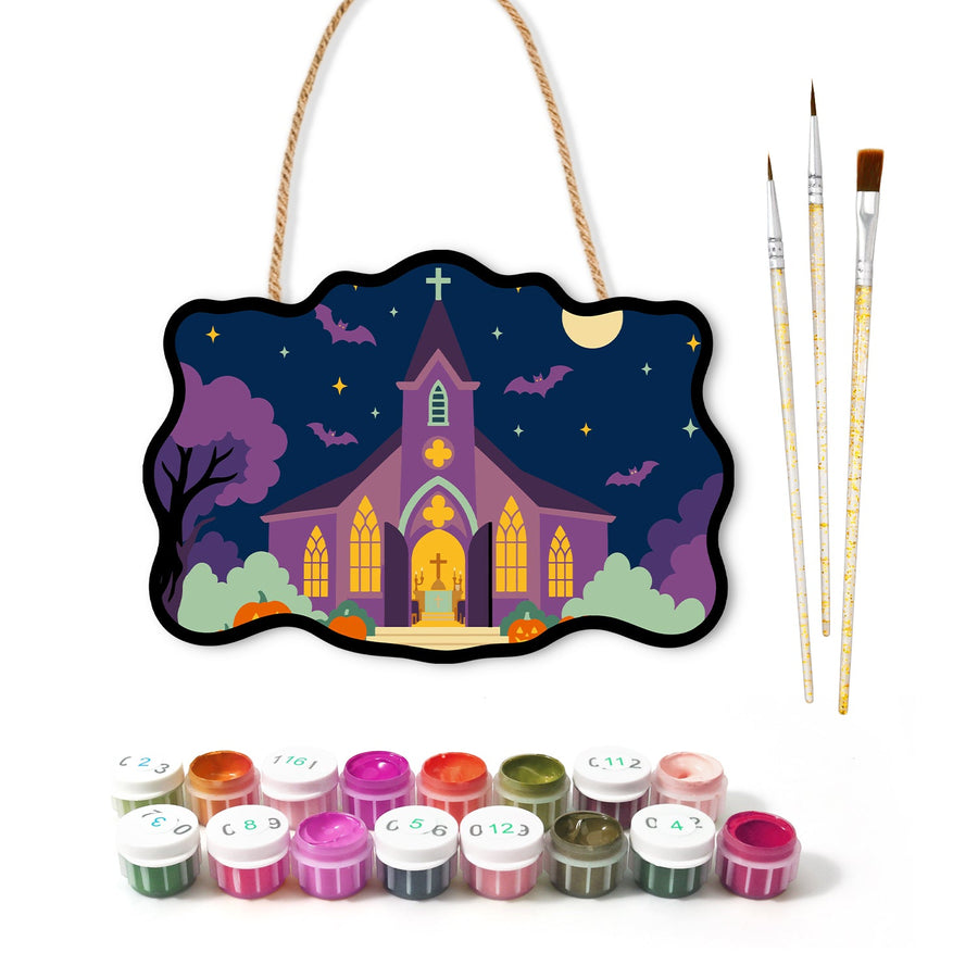 Église sous la Lune | Pancarte à peindre
