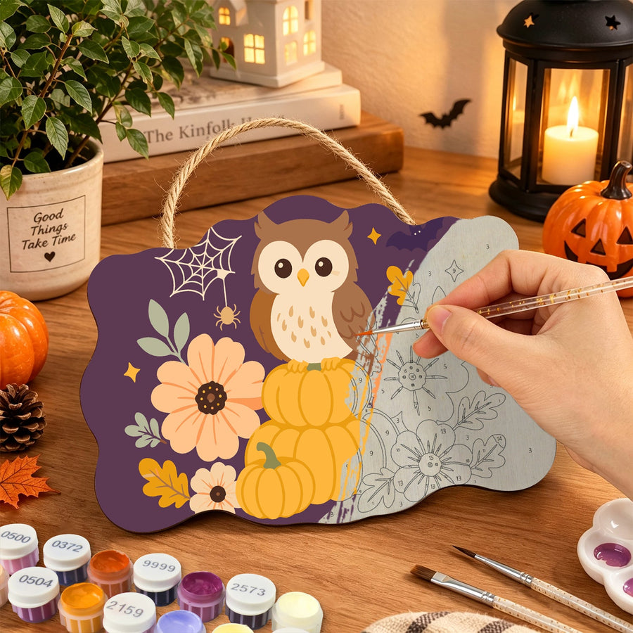 Hibou aux Fleurs d'Automne | Pancarte à peindre