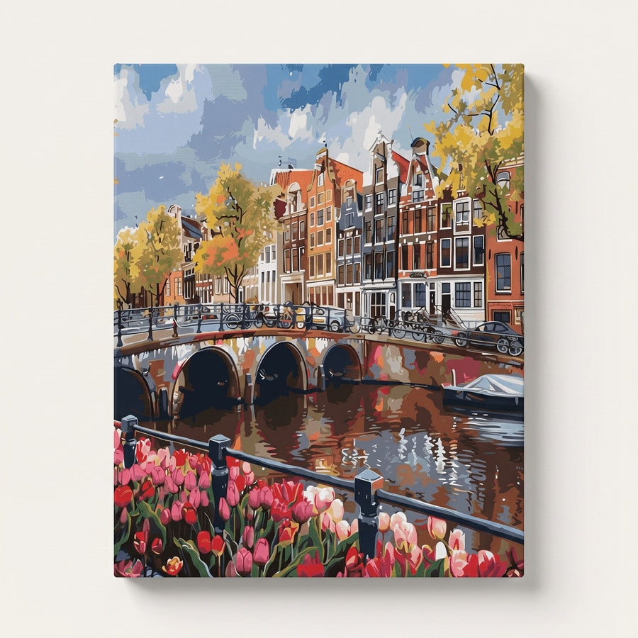 Canal d'Amsterdam aux Tulipes | Peinture par numéro