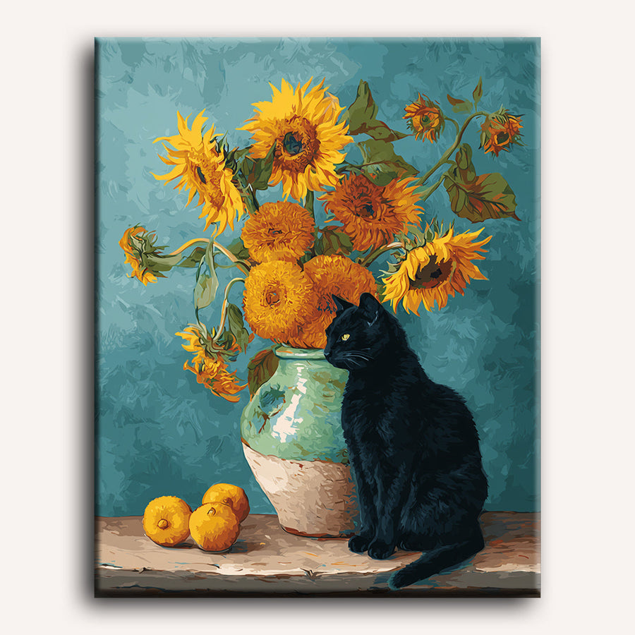 Chat et Tournesols | Peinture par numéro