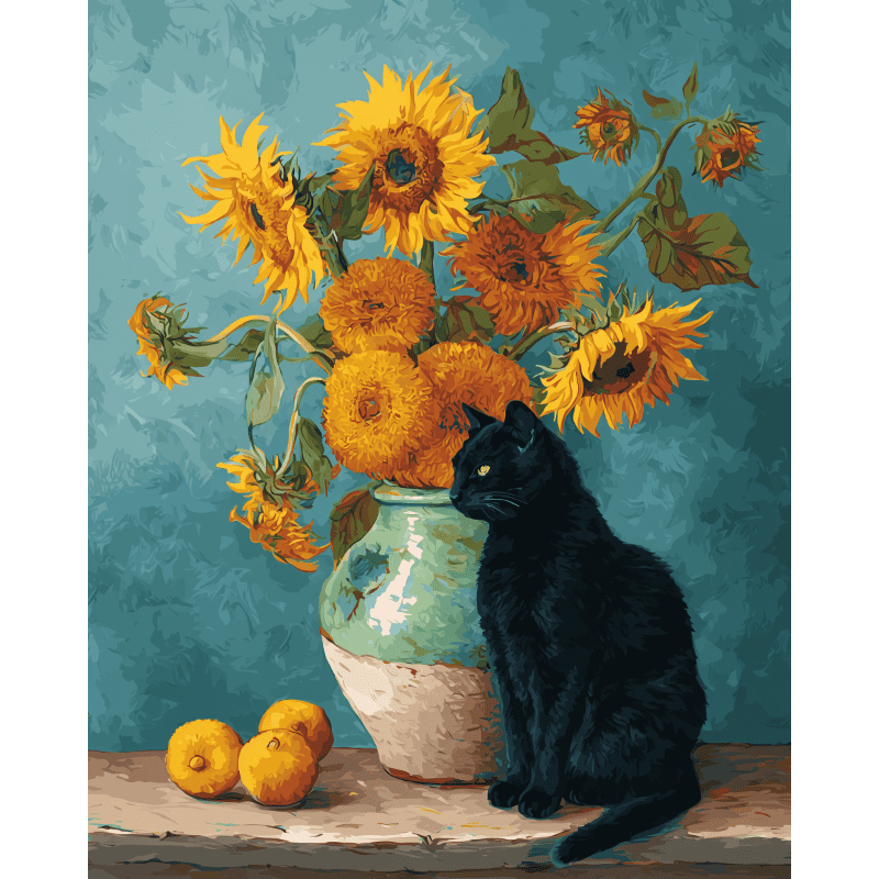 Chat et Tournesols | Peinture par numéro