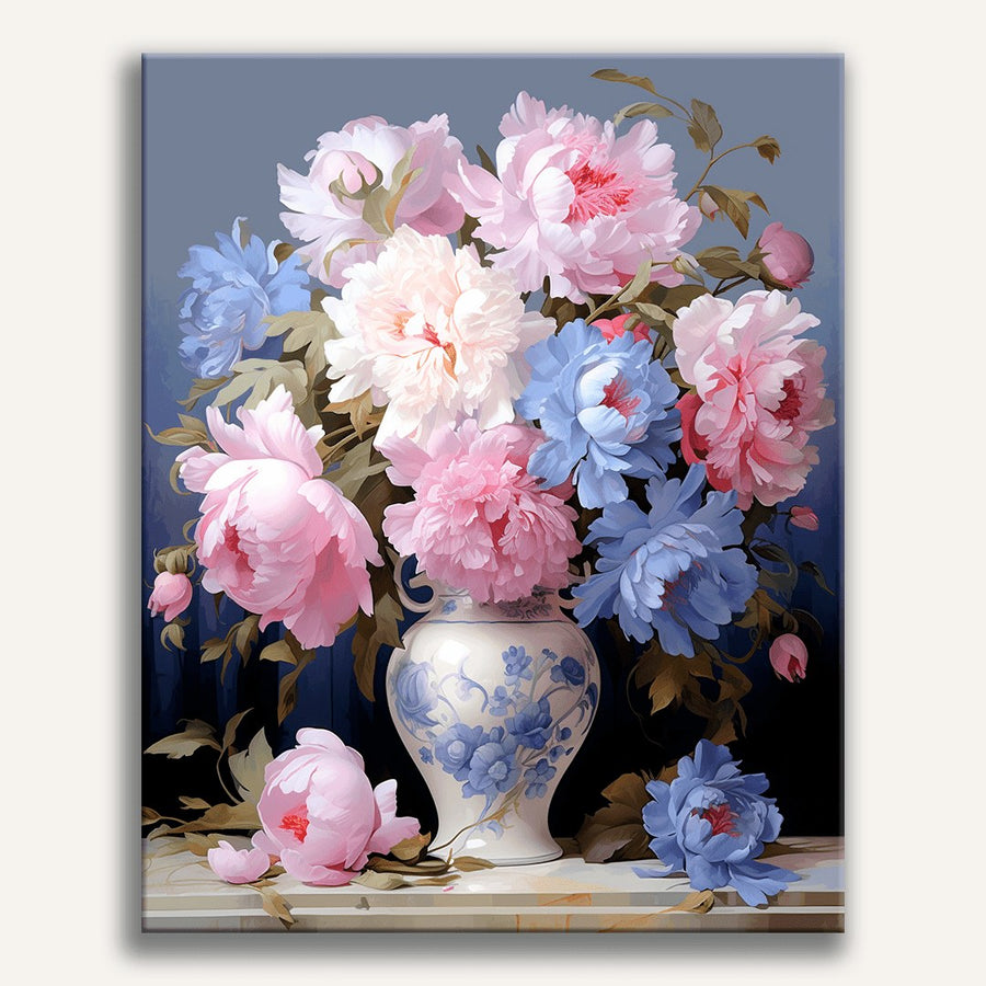 Pivoines en Vase de Delft | Peinture par numéro