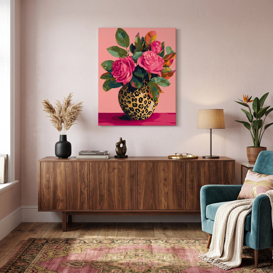 Roses en Vase Léopard | Peinture par numéro
