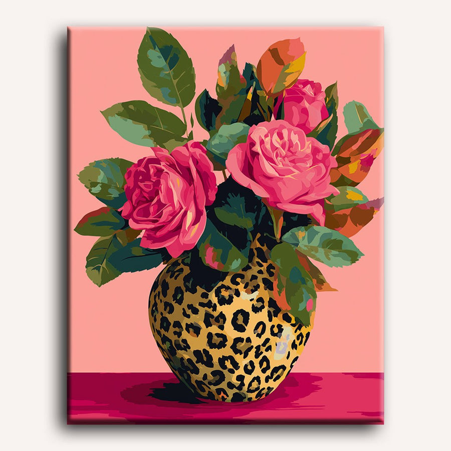 Roses en Vase Léopard | Peinture par numéro